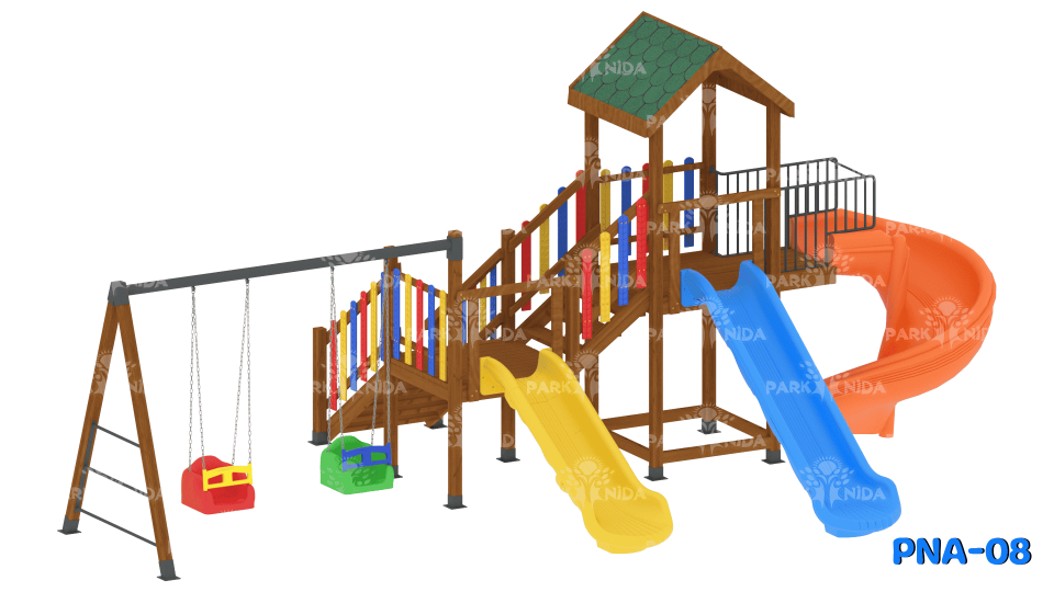 PNA-08 3-12 Yaş 3 Kaydıraklı Salıncaklı Ahşap Çocuk Oyun Parkı