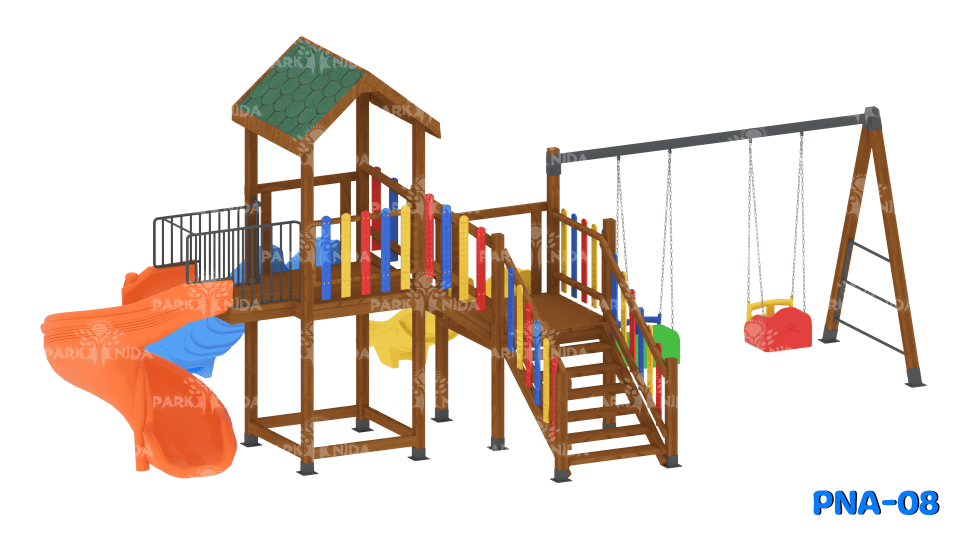 PNA-08 3-12 Yaş 3 Kaydıraklı Salıncaklı Ahşap Çocuk Oyun Parkı