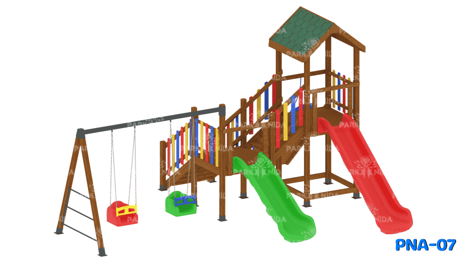 PNA-07 3-12 Yaş 2 Kaydıraklı Salıncaklı Ahşap Çocuk Oyun Parkı