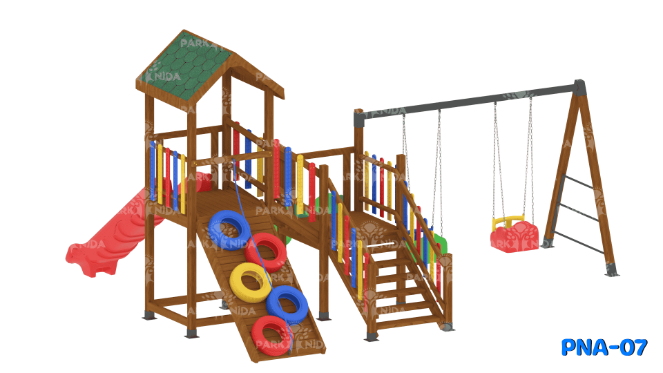PNA-07 3-12 Yaş 2 Kaydıraklı Salıncaklı Ahşap Çocuk Oyun Parkı