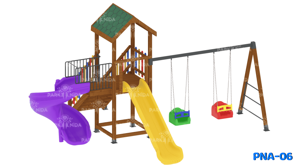 PNA-06 3-12 Yaş 2 Kaydıraklı Salıncaklı Ahşap Çocuk Oyun Parkı