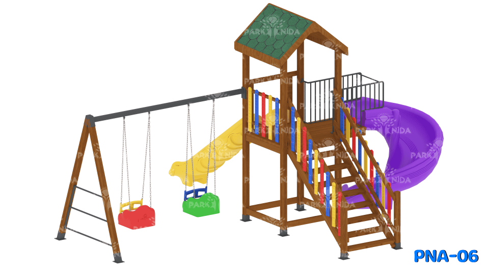 PNA-06 3-12 Yaş 2 Kaydıraklı Salıncaklı Ahşap Çocuk Oyun Parkı