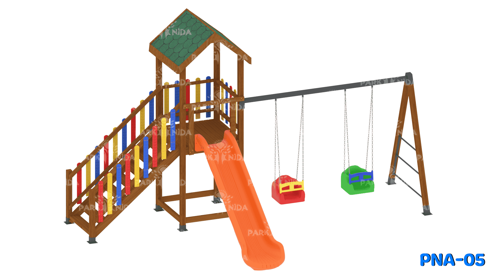 PNA-05 3-12 Yaş 1 Kaydıraklı Salıncaklı Ahşap Çocuk Oyun Parkı