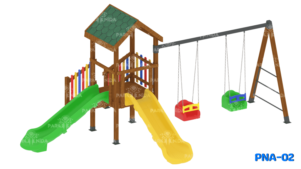 PNA-02 3-12 Yaş 2 Kaydıraklı Salıncaklı Ahşap Çocuk Oyun Parkı