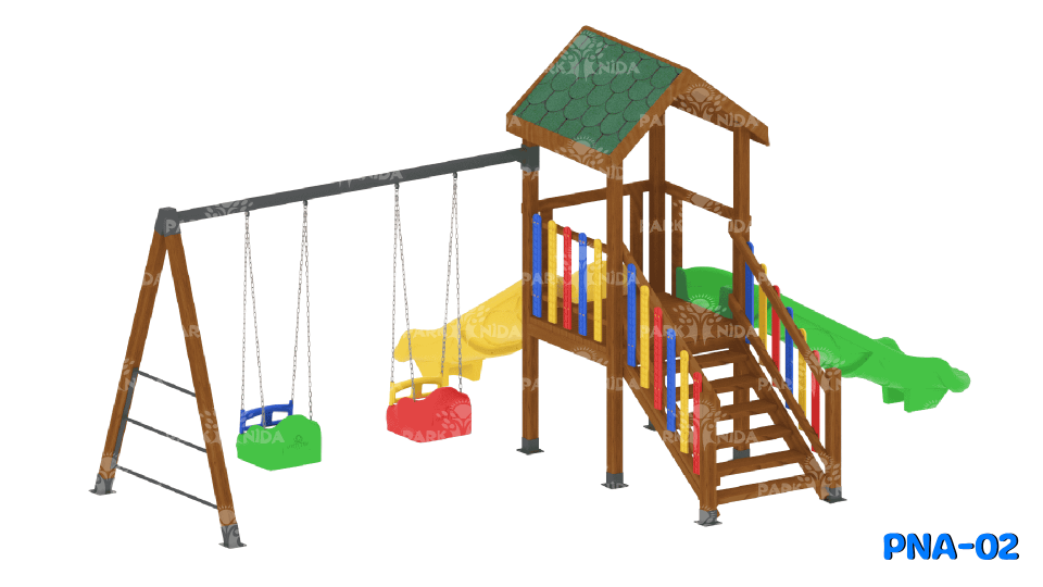 PNA-02 3-12 Yaş 2 Kaydıraklı Salıncaklı Ahşap Çocuk Oyun Parkı