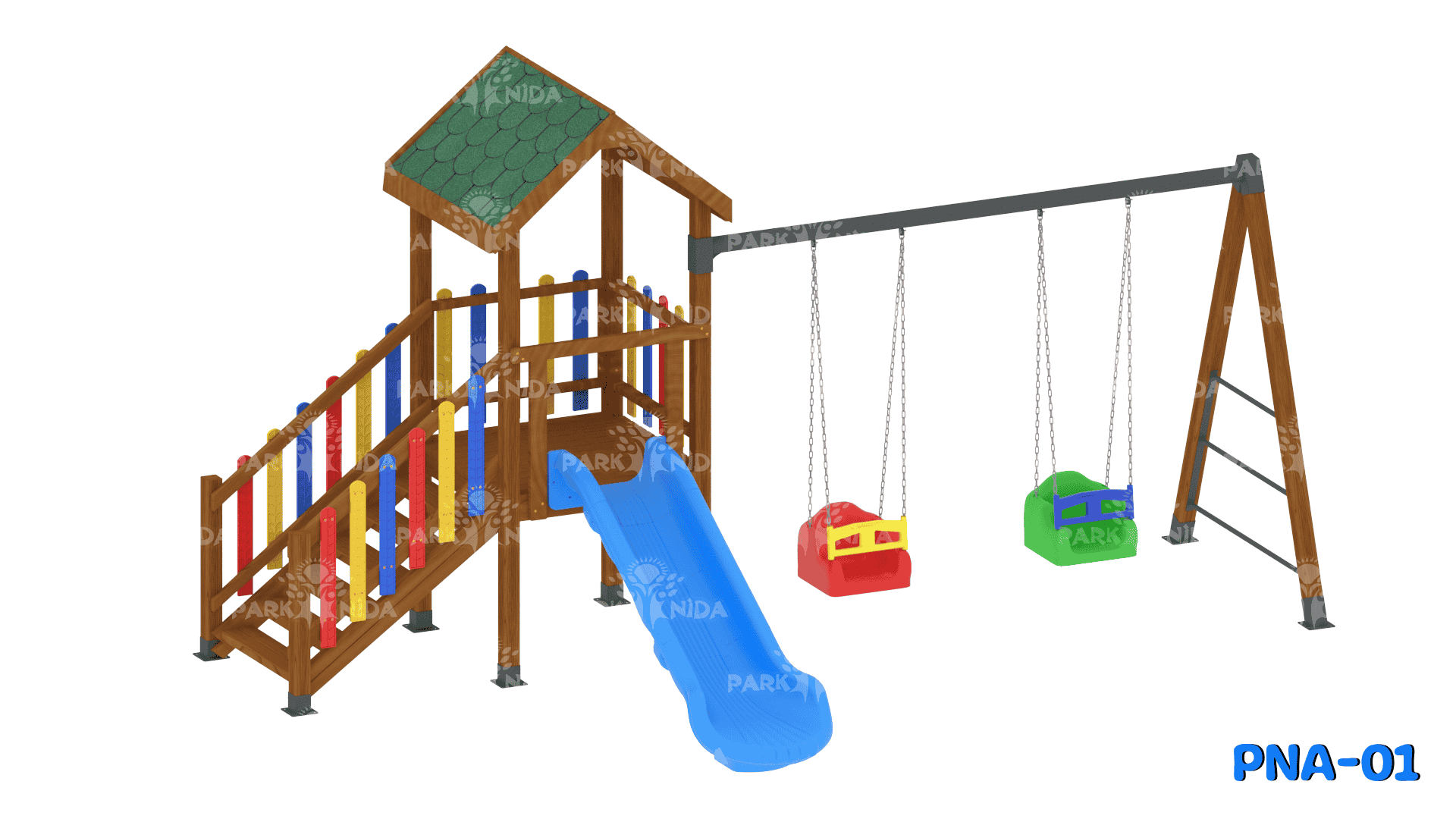 PNA-01 3-12 Yaş 1 Kaydıraklı Salıncaklı Ahşap Çocuk Oyun Parkı