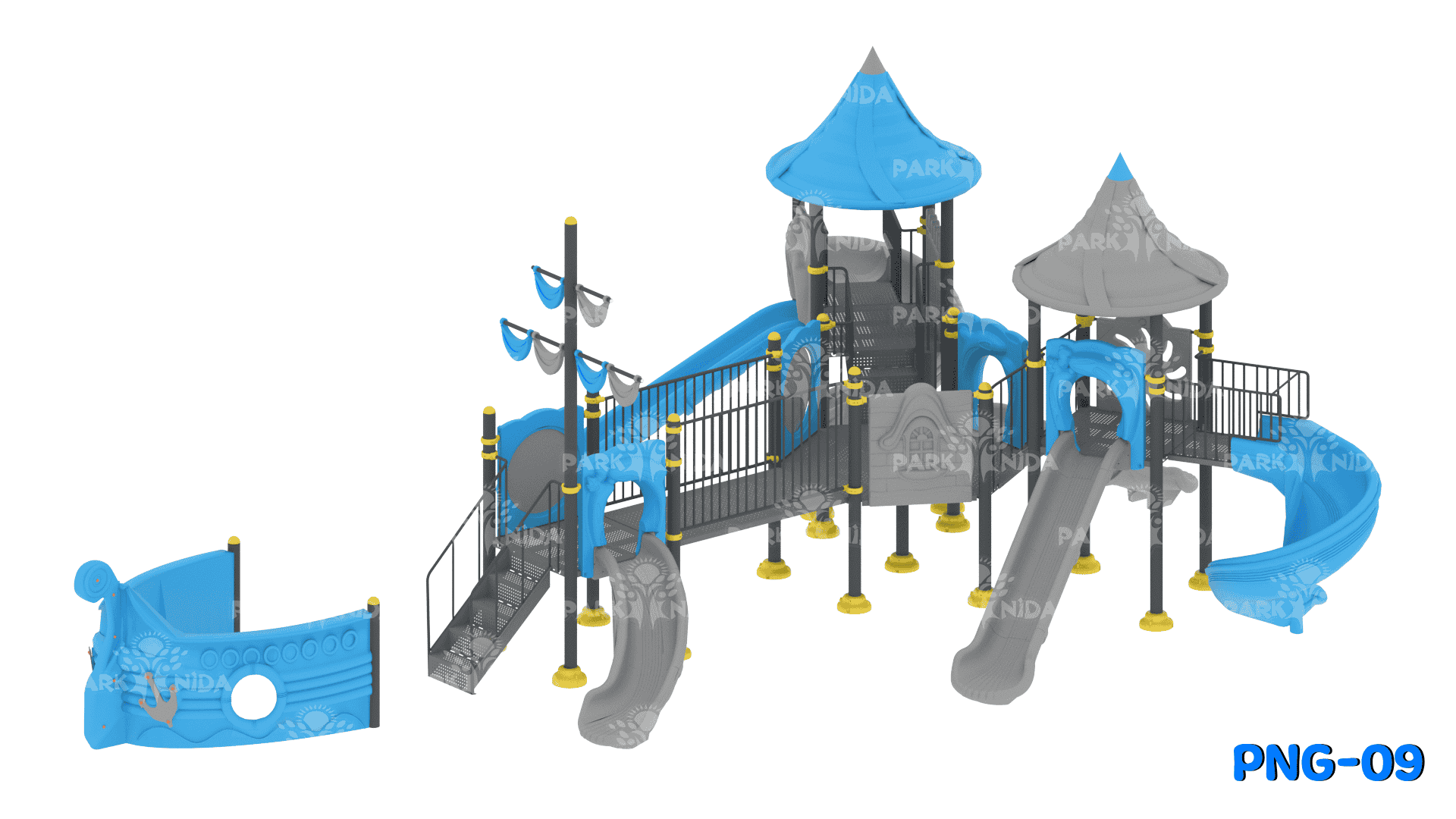 PNG-09 3-12 Yaş 3 Kuleli 6 Kaydıraklı Gemi Temalı Çocuk Oyun Parkı