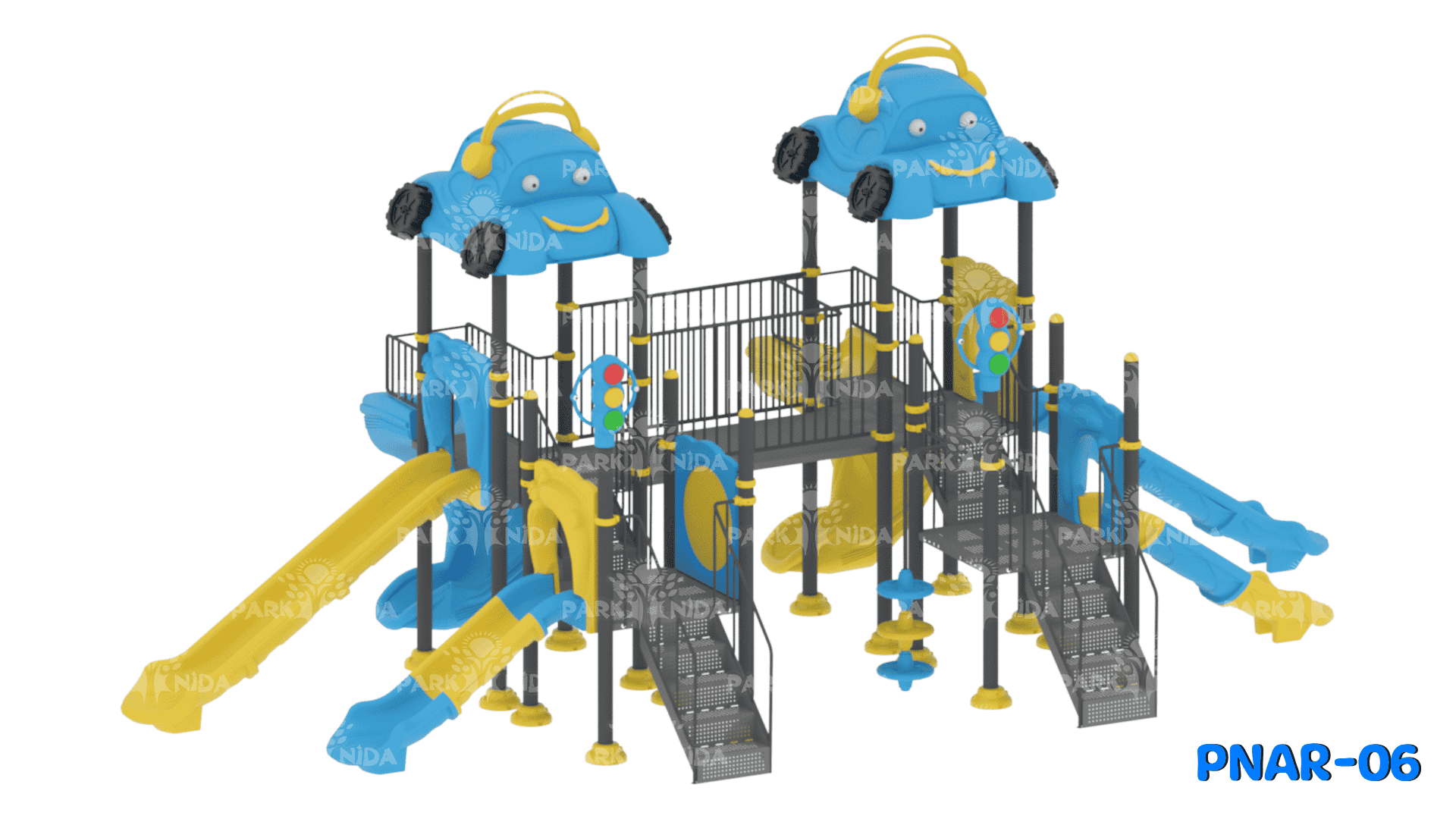 PNAR-06 8-14 Yaş 4 Kuleli 6 Kaydıraklı Araba Temalı Çocuk Oyun Parkı