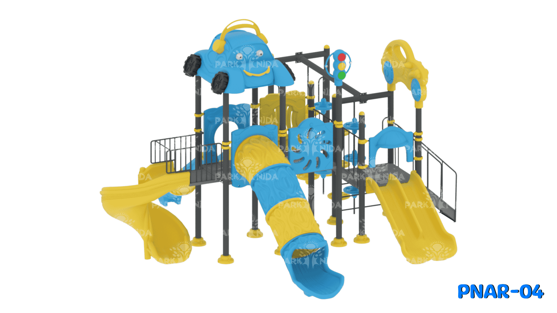 PNAR-04 3-12 Yaş 3 Kuleli 4 Kaydıraklı Araba Temalı Çocuk Oyun Parkı