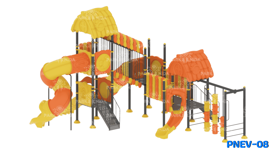 PNEV-08 5-12 Yaş 4 Kuleli 4 Kaydıraklı Ev Temalı Çocuk Oyun Parkı