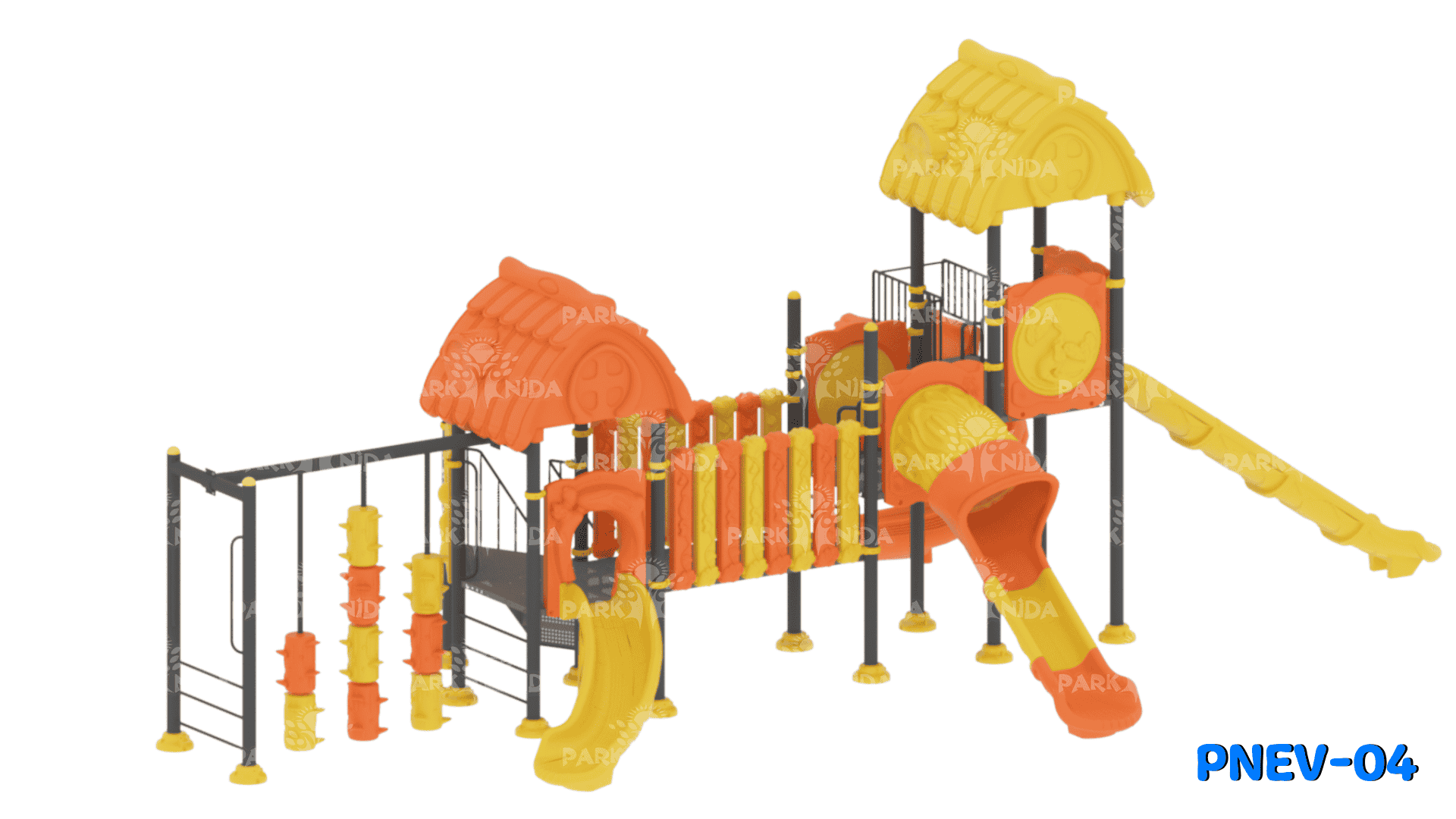 PNEV-04 5-12 Yaş 4 Kuleli 4 Kaydıraklı Ev Temalı Çocuk Oyun Parkı