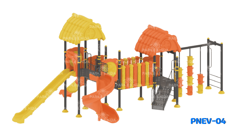 PNEV-04 5-12 Yaş 4 Kuleli 4 Kaydıraklı Ev Temalı Çocuk Oyun Parkı