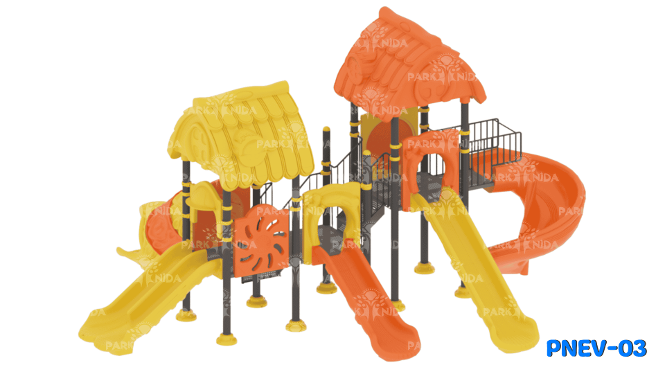 PNEV-03 3-12 Yaş 3 Kuleli 5 Kaydıraklı Ev Temalı Çocuk Oyun Parkı