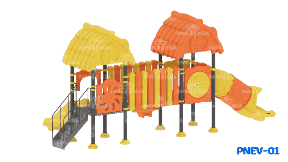 PNEV-01 5-12 Yaş 3 Kaydıraklı Köprülü Ev Temalı Çocuk Oyun Parkı