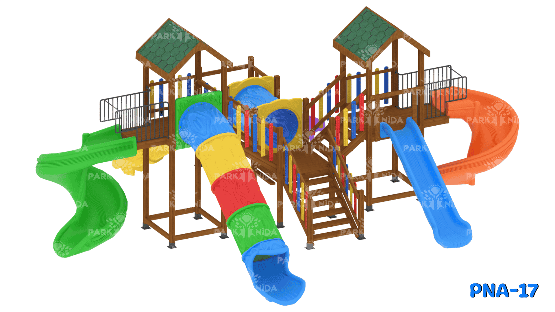 PNA-17 2-5 Yaş 4 Kuleli 6 Kaydıraklı Ahşap Çocuk Oyun Parkı