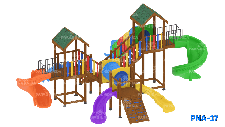PNA-17 2-5 Yaş 4 Kuleli 6 Kaydıraklı Ahşap Çocuk Oyun Parkı