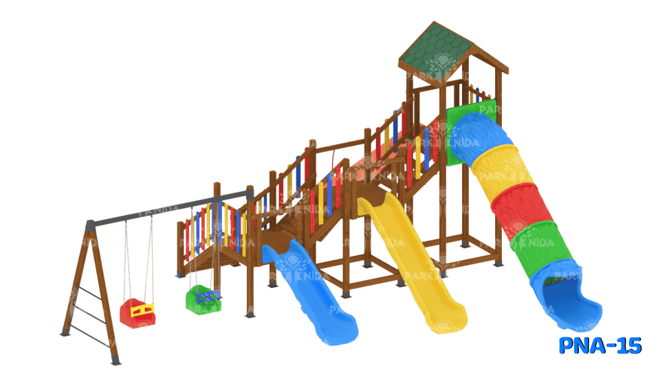 PNA-15 3-12 Yaş 3 Kaydıraklı Salıncaklı Ahşap Oyun Parkı